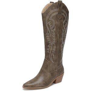 AMOJI Women Brown Western Cowboy Boots Pointed Toe Mid Calf Cowgirl